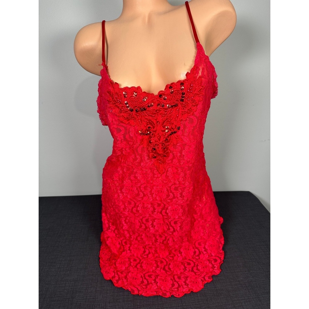Vintage Etonne Nightgown Medium Womens Red Sexy Beaded Cami Spaghetti Strap Lace